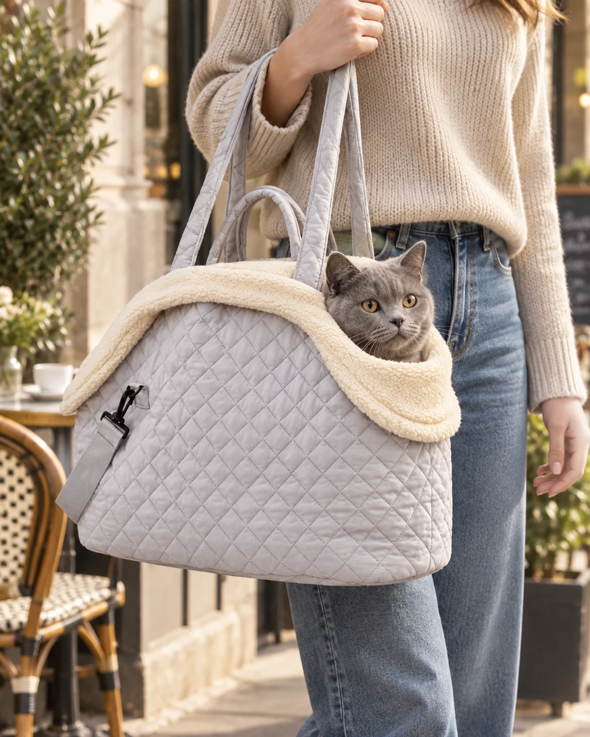 A grey cat peeking out of a quilted carrier as its companion heads out