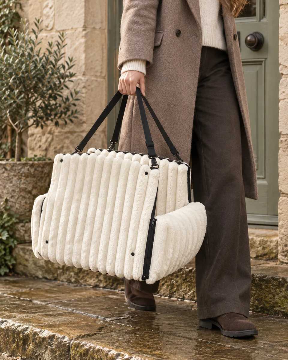 A woman carrying the empty ribbed travel seat by its black handles outside a cottage