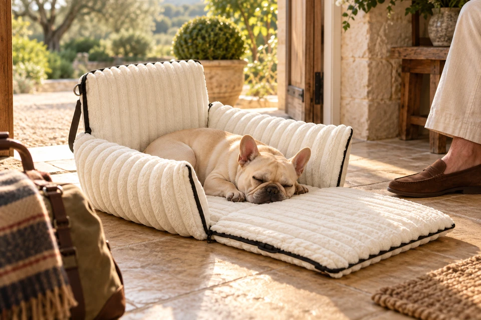 The opened ribbed seat and a resting French bulldog in a sunny country cottage