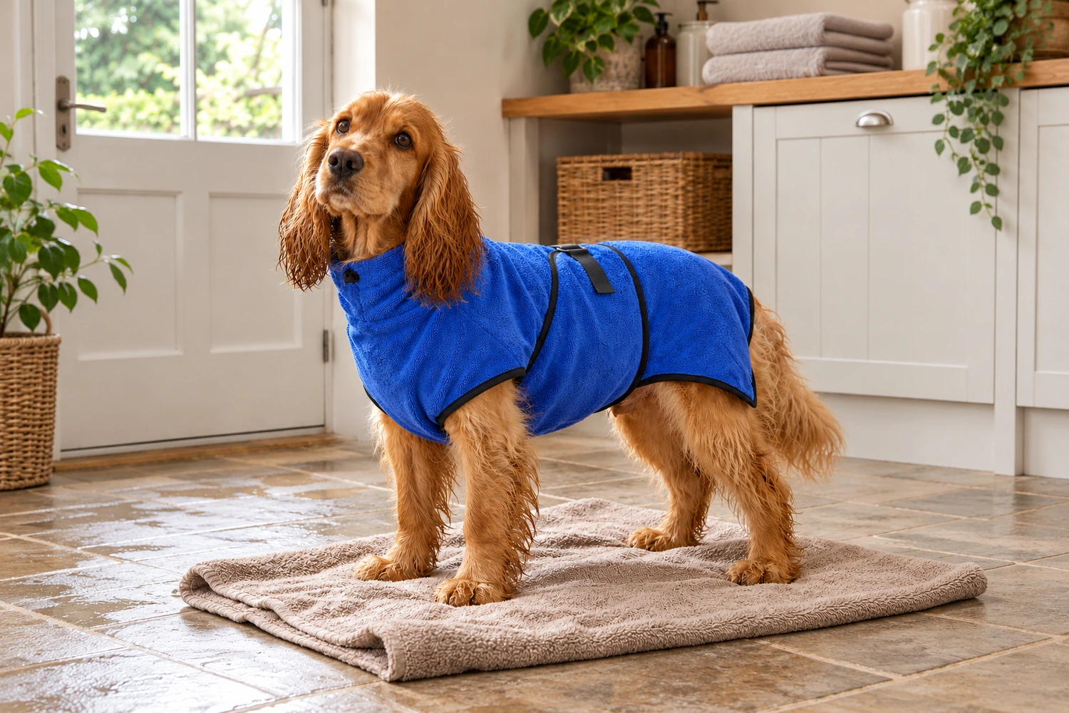 A cocker spaniel wearing the blue drying robe after a bath, shown in full on a towel