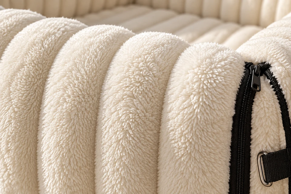 Close-up of the ivory faux-fur ribs and black corner zip