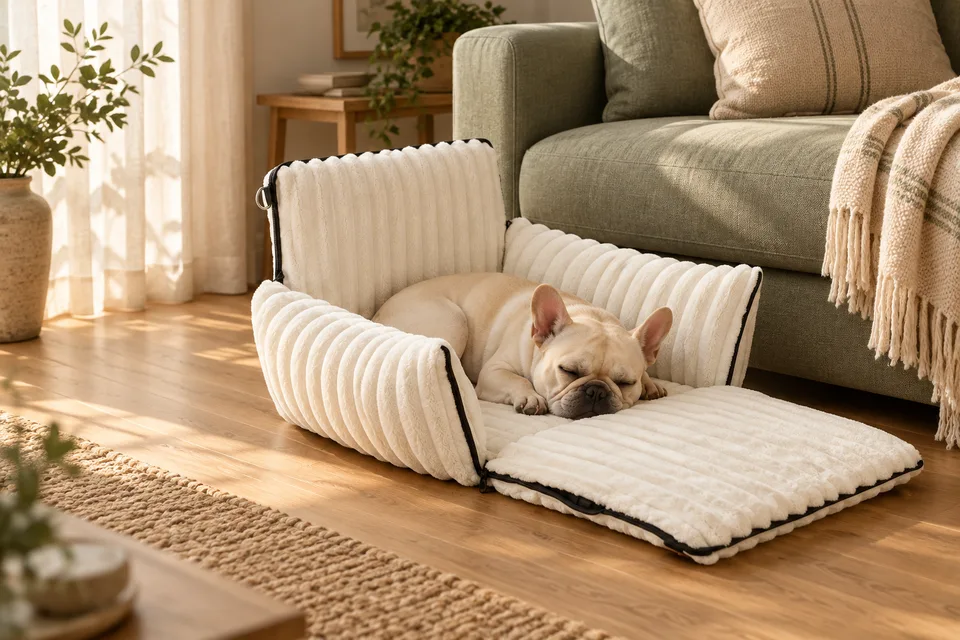 A cream French bulldog asleep in the opened seat beside a sage sofa