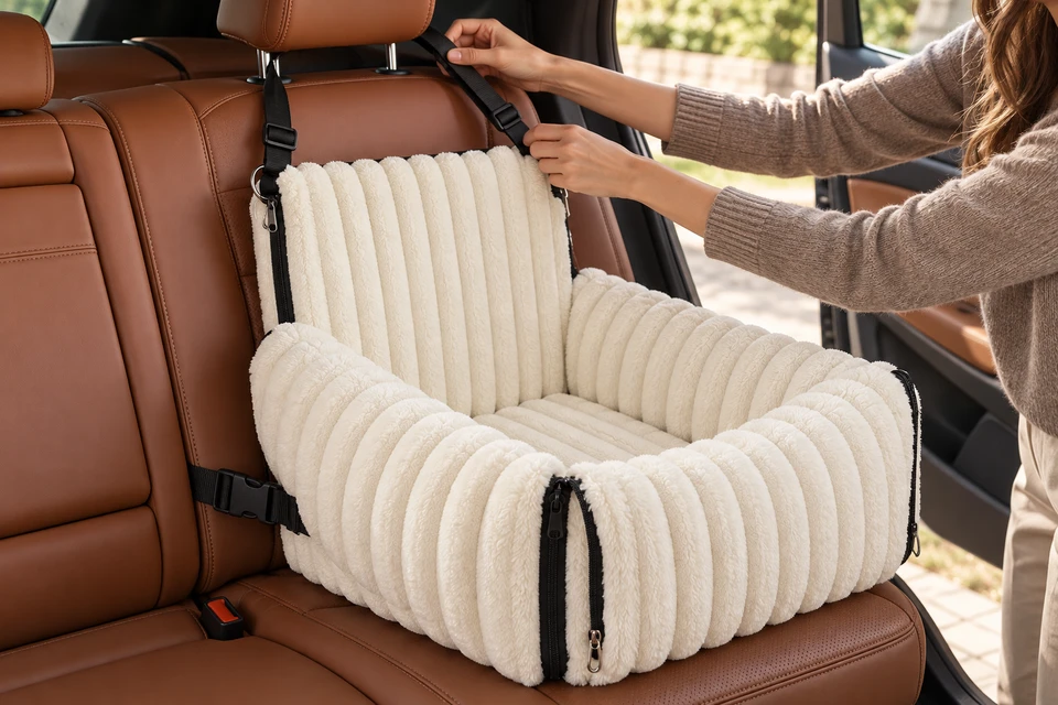An owner adjusting the headrest strap on the cream ribbed seat in a parked car