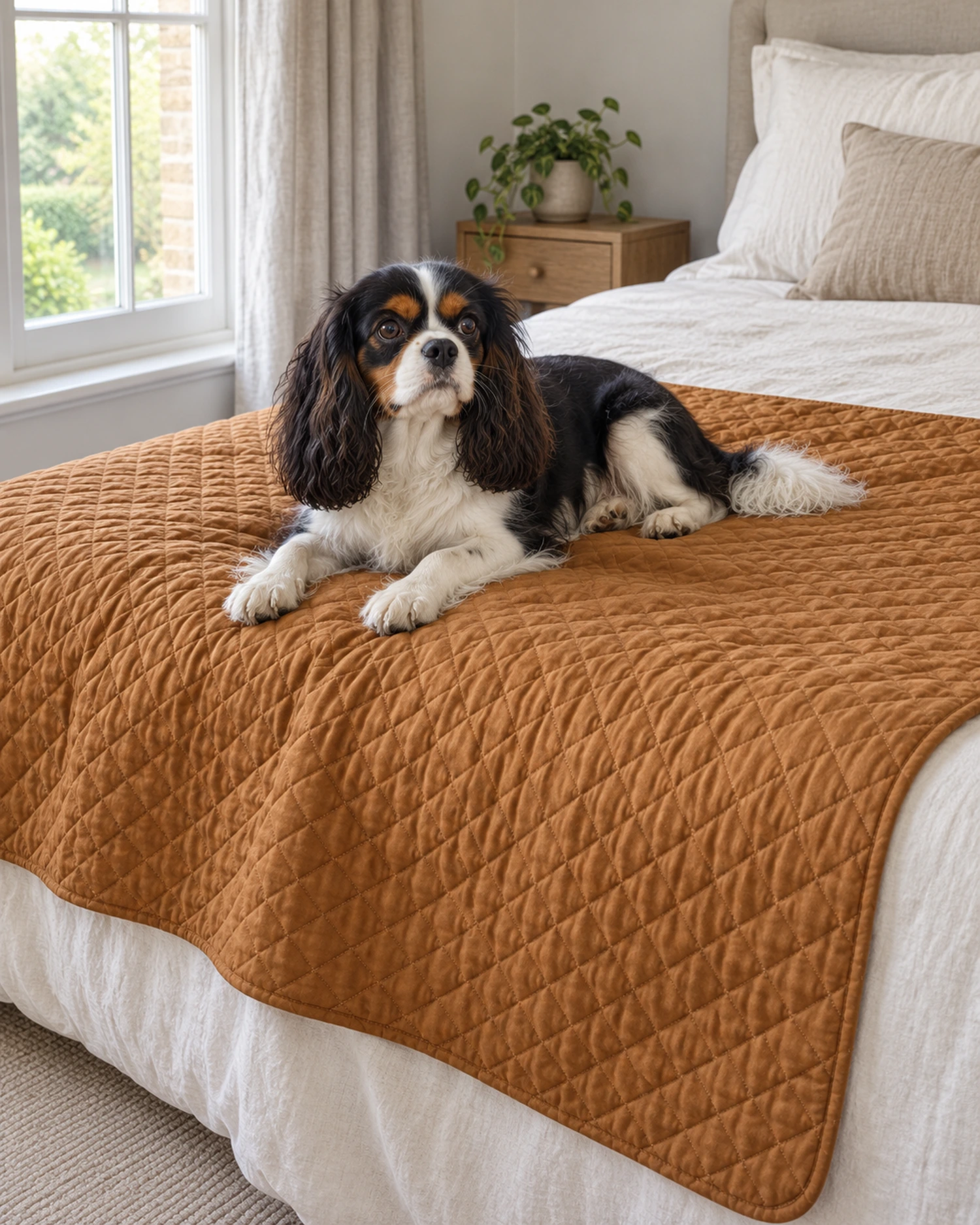 A Cavalier King Charles Spaniel resting on a camel quilted blanket in a light-filled bedroom